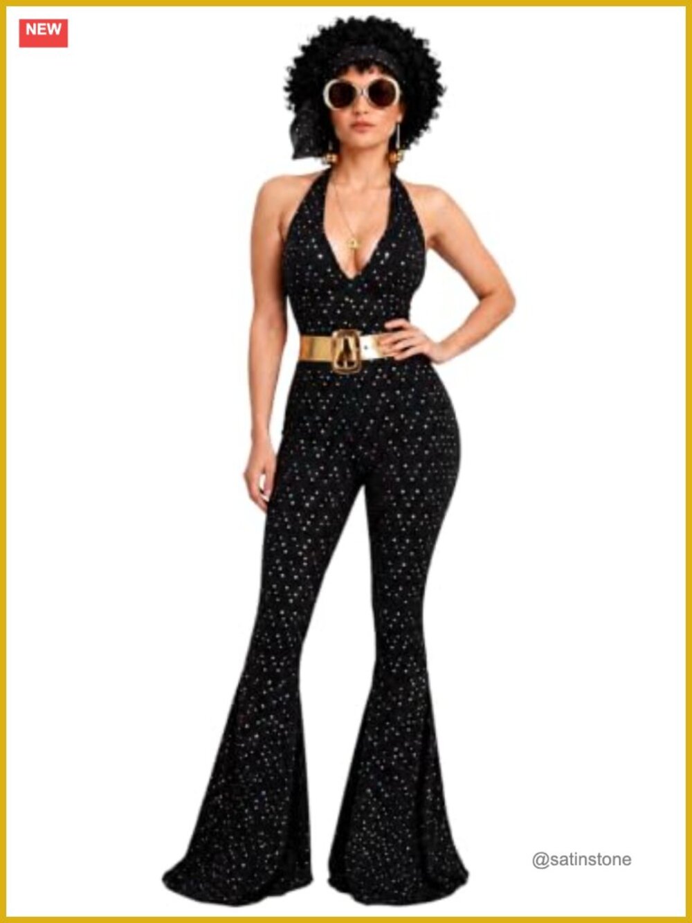 70s Disco Costume Set with Jumpsuit Afro Wig Sunglasses